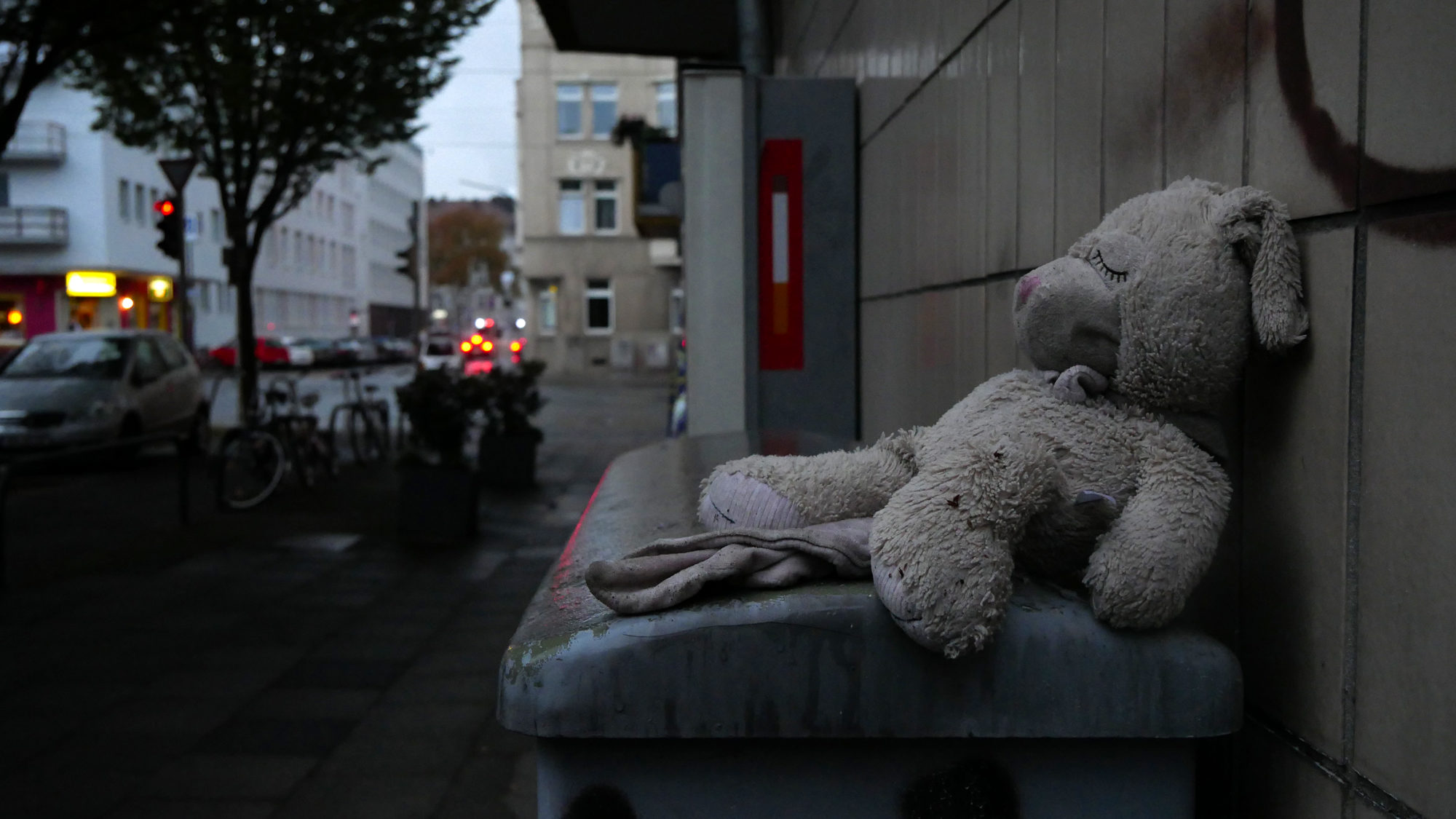 Eine Erzählung mit dem Namen: Höhlen. Das Bild zeigt einen Teddybären, dreckig und zersaust auf einem Stromkasten bei Regen.